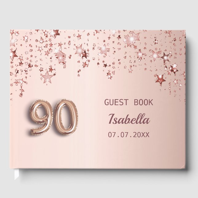 90th birthday rose gold stars pink monogram guest book (Front)