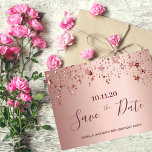 90th birthday rose gold stars save the date postcard<br><div class="desc">A girly and trendy Save the Date card for a 90th birthday party. A feminine pink, rose gold faux metallic looking background decorated with faux rose gold stars. Templates for a date and name/age 90. Dark rose gold coloured letters. The text: Save the Date is written with a large trendy...</div>