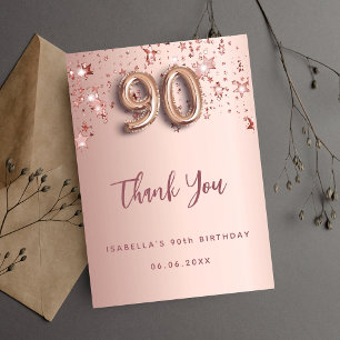 90th birthday rose gold stars thank you card