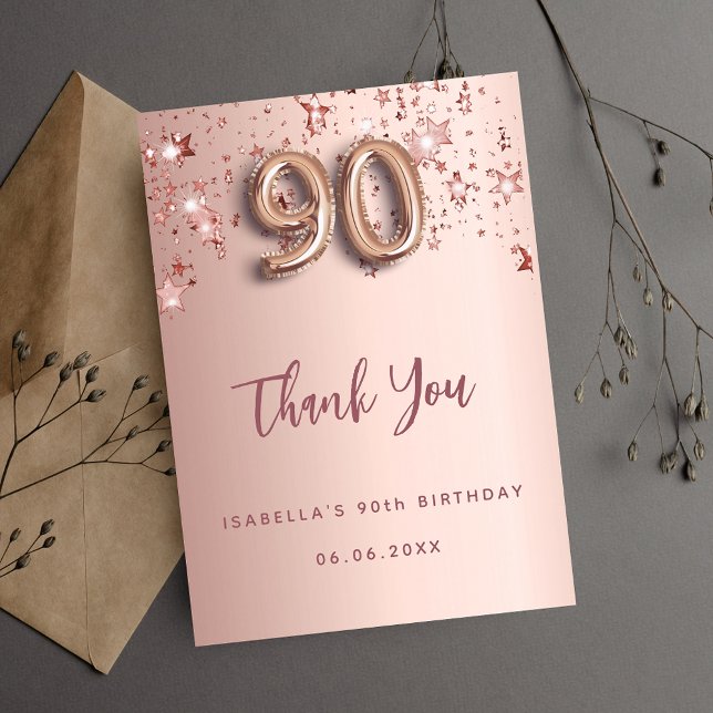90th birthday rose gold stars thank you card (Creator Uploaded)