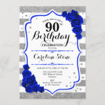 90th Birthday - Royal Blue Silver White Stripes Invitation<br><div class="desc">90th Birthday Invitation.
Elegant design in faux glitter silver,  white and royal blue. Features stylish script fort,  stripes and blue roses. Perfect for an elegant birthday party. Can be customised into any age.</div>