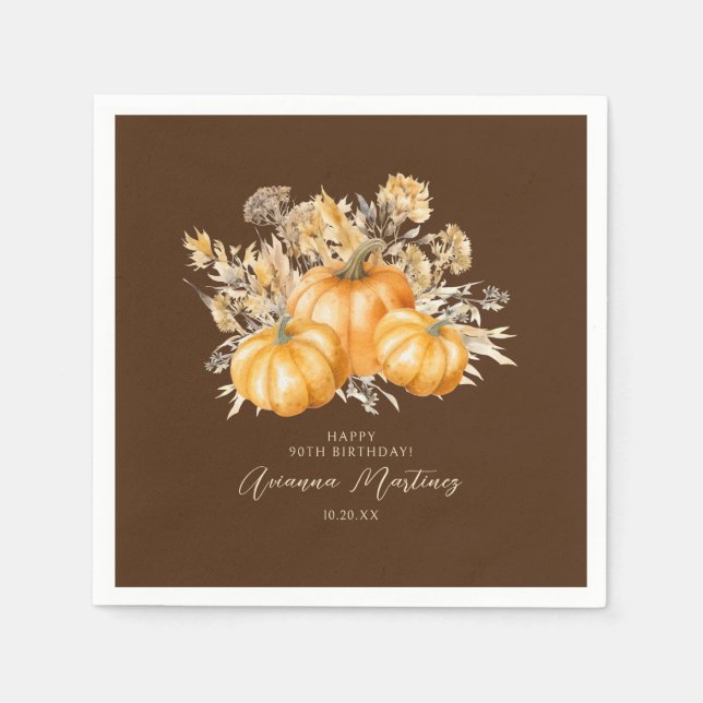 90th Birthday Rustic Boho Pumpkin Fall Custom Napkin (Front)