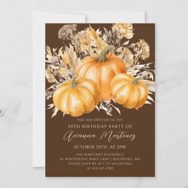 90th Birthday Rustic Boho Pumpkin Fall Foliage Invitation (Front)