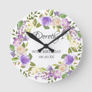 90th Birthday Rustic Purple Floral Round Clock