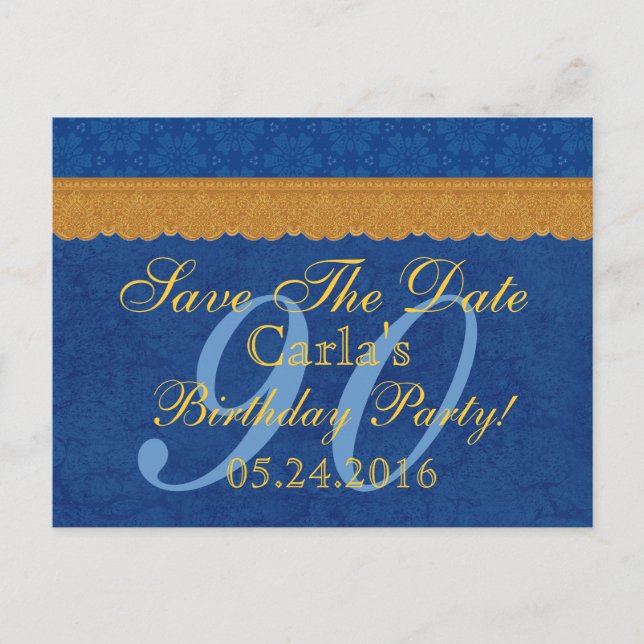 90th Birthday Save the Date Blue and Gold Lace Announcement Postcard (Front)