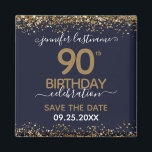 90th Birthday Save the Date Magnet<br><div class="desc">Elegant Faux gold glitter with shimmering confetti highlights on the top and bottom border. All text is adjustable and easy to change for your own party needs. Great elegant 90th birthday template design. Save the date magnet reminder.</div>