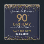 90th Birthday Save the Date Magnet<br><div class="desc">Elegant Faux gold glitter with shimmering confetti highlights on the top and bottom border. All text is adjustable and easy to change for your own party needs. Great elegant 90th birthday template design. Save the date magnet reminder.</div>