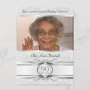 90th Birthday - Silver Damask Photo Invitation