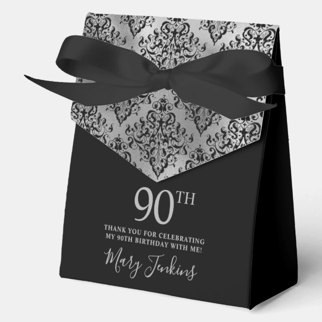90th Birthday Silver Damask Thank You  Favour Box (Front)