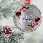 90th birthday silver geometric floral burgundy metal tree decoration<br><div class="desc">A 90th birthday ornament with templates for a name, date, and age 90. Trendy bohemian boho style. Decorated with watercolored roses in burgundy and pink. Glamorous, shiny faux silver metallic looking background on both front and back. A faux gold geometric frame. Perfect both as a birthday gift, keepsake or as...</div>