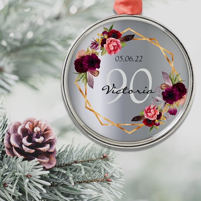 90th birthday silver geometric floral burgundy metal tree decoration (Creator Uploaded)