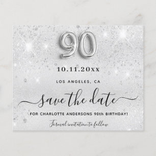 90th birthday silver glitter budget save the date flyer