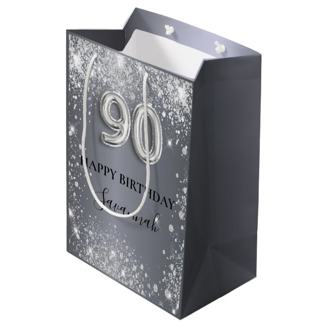 90th birthday silver glitter dust monogram  medium gift bag (Back Angled)