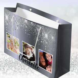 90th birthday silver glitter dust photo monogram large gift bag
