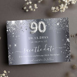 90th birthday silver glitter glam save the date<br><div class="desc">An elegant Save the Date card for a 90th birthday party. A modern faux silver metallic looking background, decorated with faux glitter dust. Personalise and add a date and name/age. The text: Save the Date is written with a large trendy hand lettered style script. Number 90 with a balloon style...</div>
