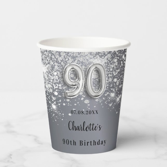 90th birthday silver glitter monogram paper cups (Back)