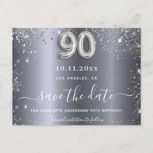 90th birthday silver glitter save the date postcard