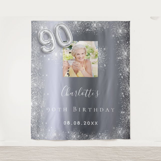 90th birthday silver photo glitter dust welcome tapestry (Front)