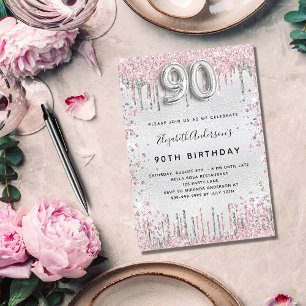 90th birthday silver pink glitter dust invitation
