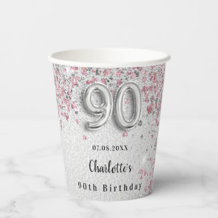 90th birthday silver pink glitter name paper cups