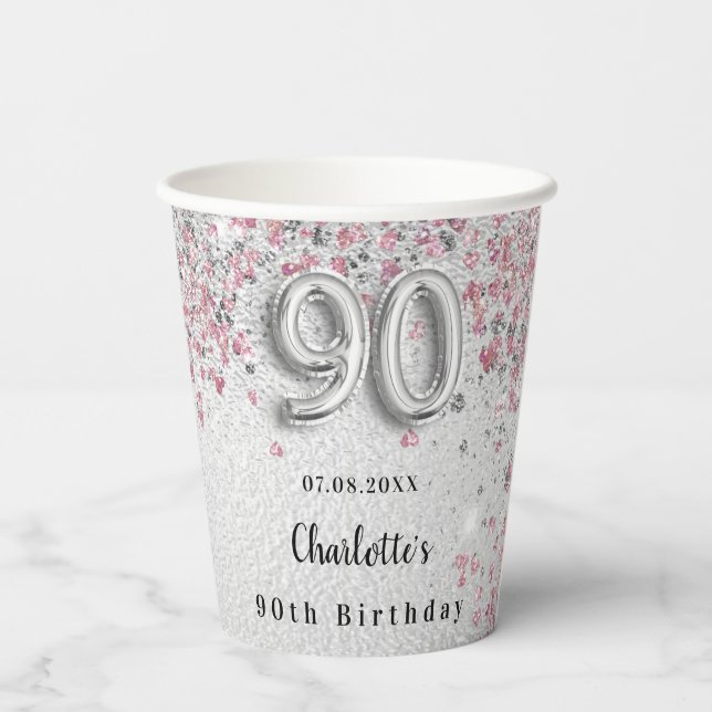 90th birthday silver pink glitter name paper cups (Back)