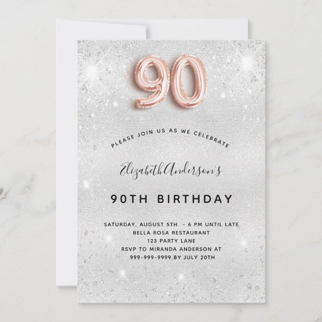 90th birthday silver rose gold glitter invitation (Front)