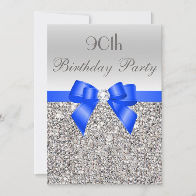 90th Birthday Silver Sequin Royal Blue Bow Diamond Invitation (Front)