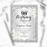 90th Birthday - Silver Stripes White Roses Invitation<br><div class="desc">90th Birthday Invitation. Elegant design in silver and white. Features faux glitter silver stripes,  white roses stylish script font and confetti. Perfect for a glam birthday party.</div>