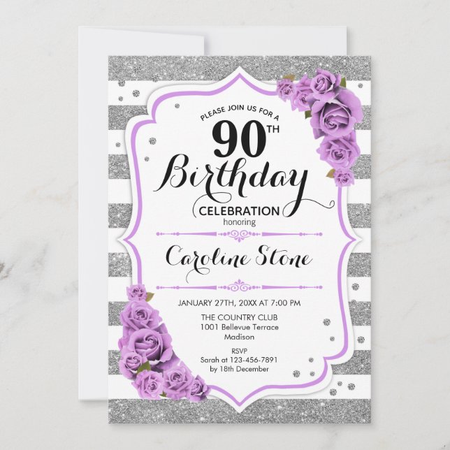90th Birthday -  Silver White Stripes Purple Roses Invitation (Front)