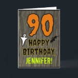 90th Birthday: Spooky Halloween Theme, Custom Name Card<br><div class="desc">The front of this scary and spooky Halloween birthday themed greeting card design features a large number "90". It also features the message "HAPPY BIRTHDAY, ", plus a customizable name. There are also depictions of a bat and a ghost on the front. The inside features a custom birthday greeting message,...</div>
