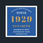 90th Birthday Standards Born 1929 Blue Gold Napkin<br><div class="desc">Easily customise the text of this birthday napkin using the template provided. Part of the setting standards range of cards and gifts..</div>