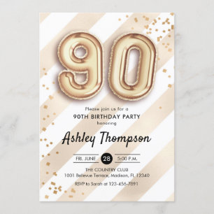 90th Birthday - Stripes Gold Balloons Invitation