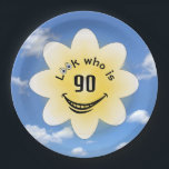 90th Birthday Summer Sunshine and Clouds<br><div class="desc">White flower graphic with glowing sunshine,  smile,  and eyeballs on a blue summer sky background for a 90th birthday party.
Text can be changed.</div>