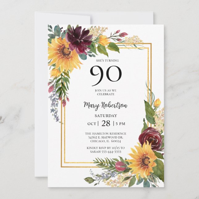 90th Birthday Sunflowers Invitation (Front)