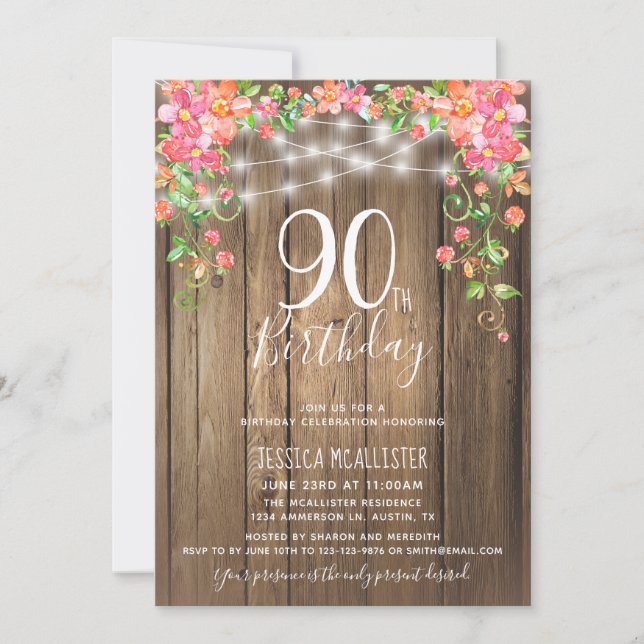 90th Birthday Surprise Brunch Rustic Floral Wood Invitation (Front)