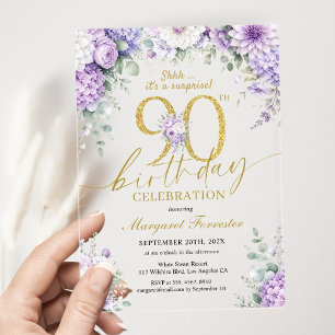 90th Birthday Surprise Gold Purple Floral Elegant Acrylic Invitations