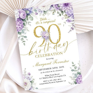90th Birthday Surprise Gold Purple Floral Elegant Invitation