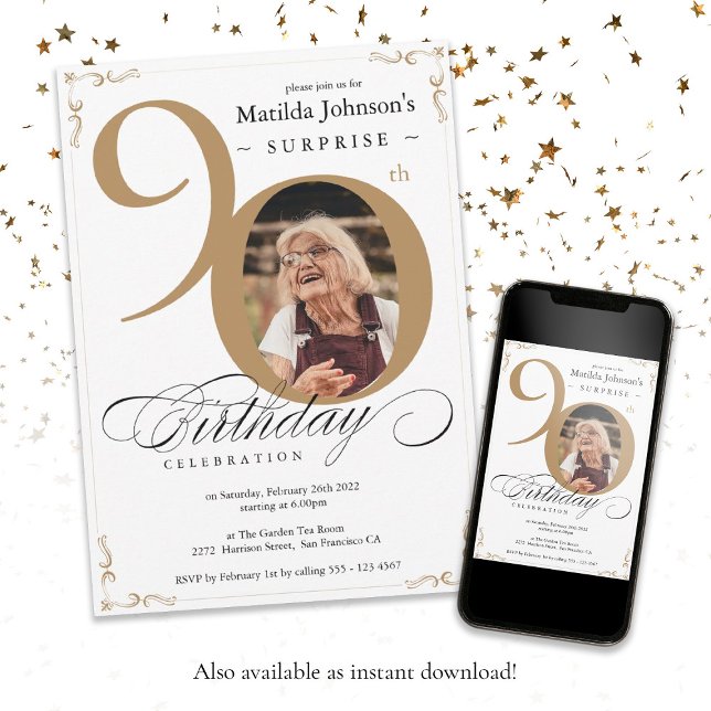 90th Birthday Surprise Gold white Elegant Photo Invitation (90th Birthday Surprise Gold white Elegant Photo Invitation)