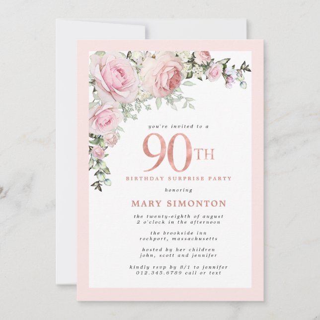 90th Birthday Surprise Party Blush Pink Floral  Invitation (Front)