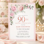 90th Birthday Surprise Party Blush Pink Floral  Invitation<br><div class="desc">Honour a special woman with this elegant and feminine 90th Birthday surprise party invitation. 90th is written in large pink text. birthday surprise party follows. The honoured guest's name is also in pink capital letters. Blush pink roses and sage green leaves create a beautiful floral spray at the top. While...</div>