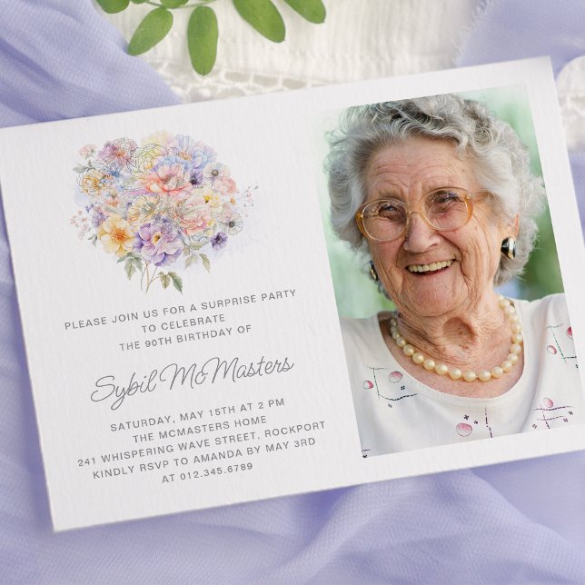 90th Birthday Surprise Party Flower Bouquet Photo Invitation (Creator Uploaded)