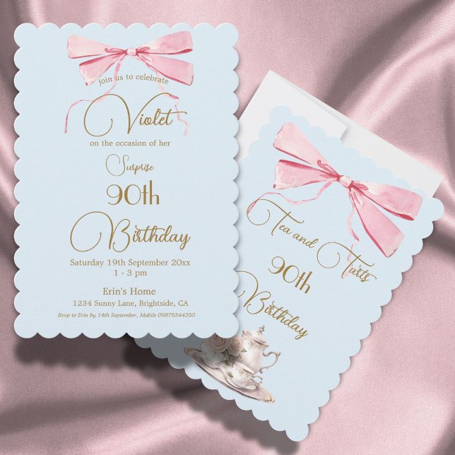 90th Birthday Tea and Tarts Elegant Bow Invitation (Creator Uploaded)