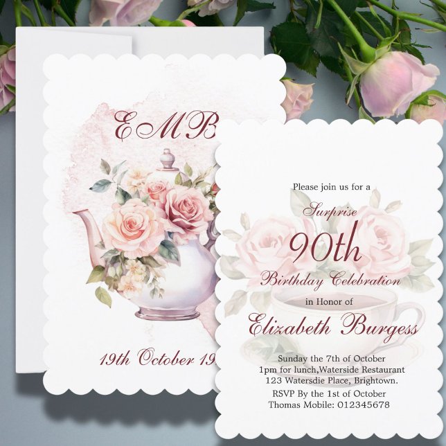 90th Birthday Tea Party Floral Rose Birthday Invitation (Creator Uploaded)