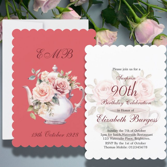 90th Birthday Tea Party Pink Floral Rose Birthday Invitation (Creator Uploaded)