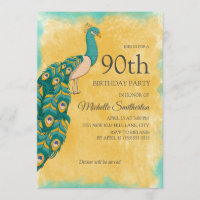 90th Birthday Teal Yellow Watercolor Peacock