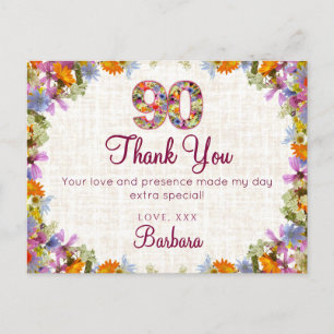 90th Birthday Thank You – Elegant Floral Design Postcard