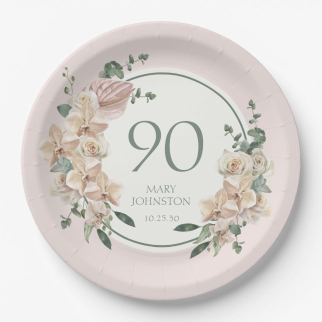 90th Birthday Tropical Floral Paper Plate (Front)