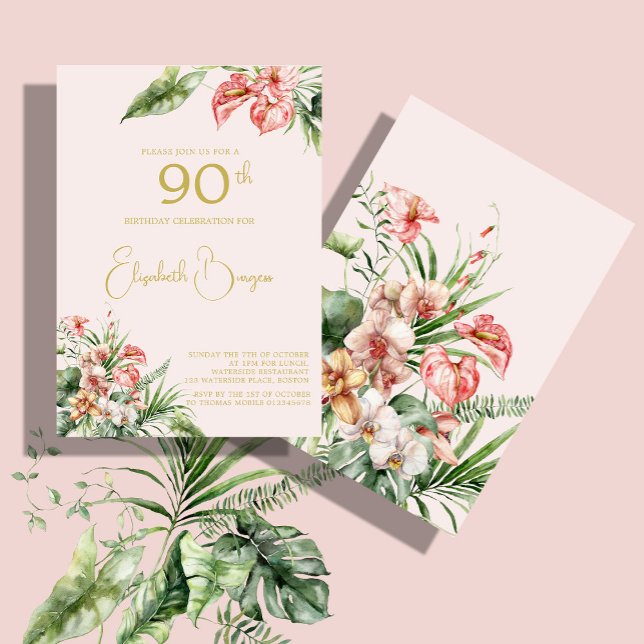90TH Birthday Tropical Watercolor Pink Elegant  Invitation (Creator Uploaded)