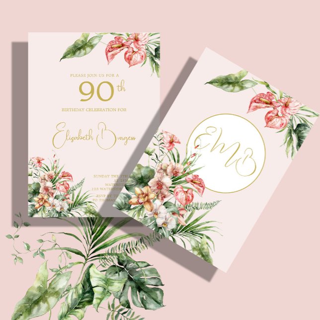90TH Birthday Tropical Watercolor Pink Elegant  Invitation (Creator Uploaded)