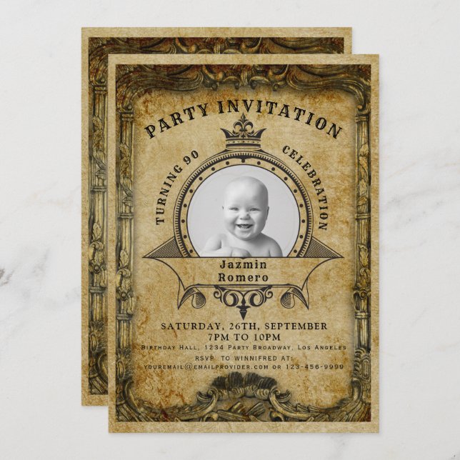 90th Birthday Vintage Retro Photo Surprise Party Invitation (Front/Back)